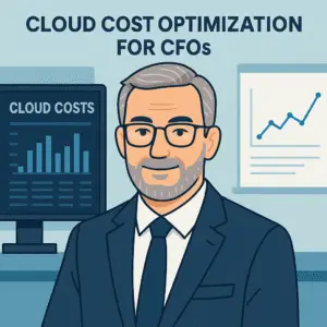 Illustrated CFO in a business suit standing in front of cloud cost charts and graphs, symbolizing strategic cloud cost optimization for finance leaders.