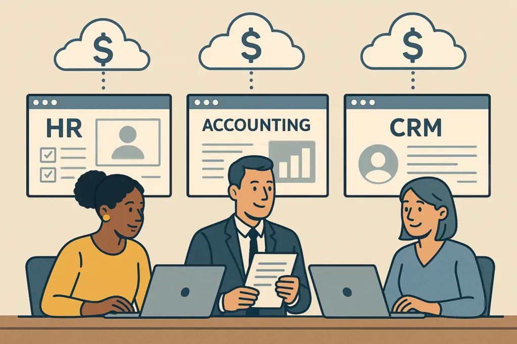 Team accessing cloud-based software tools like CRM and payroll for shipping management