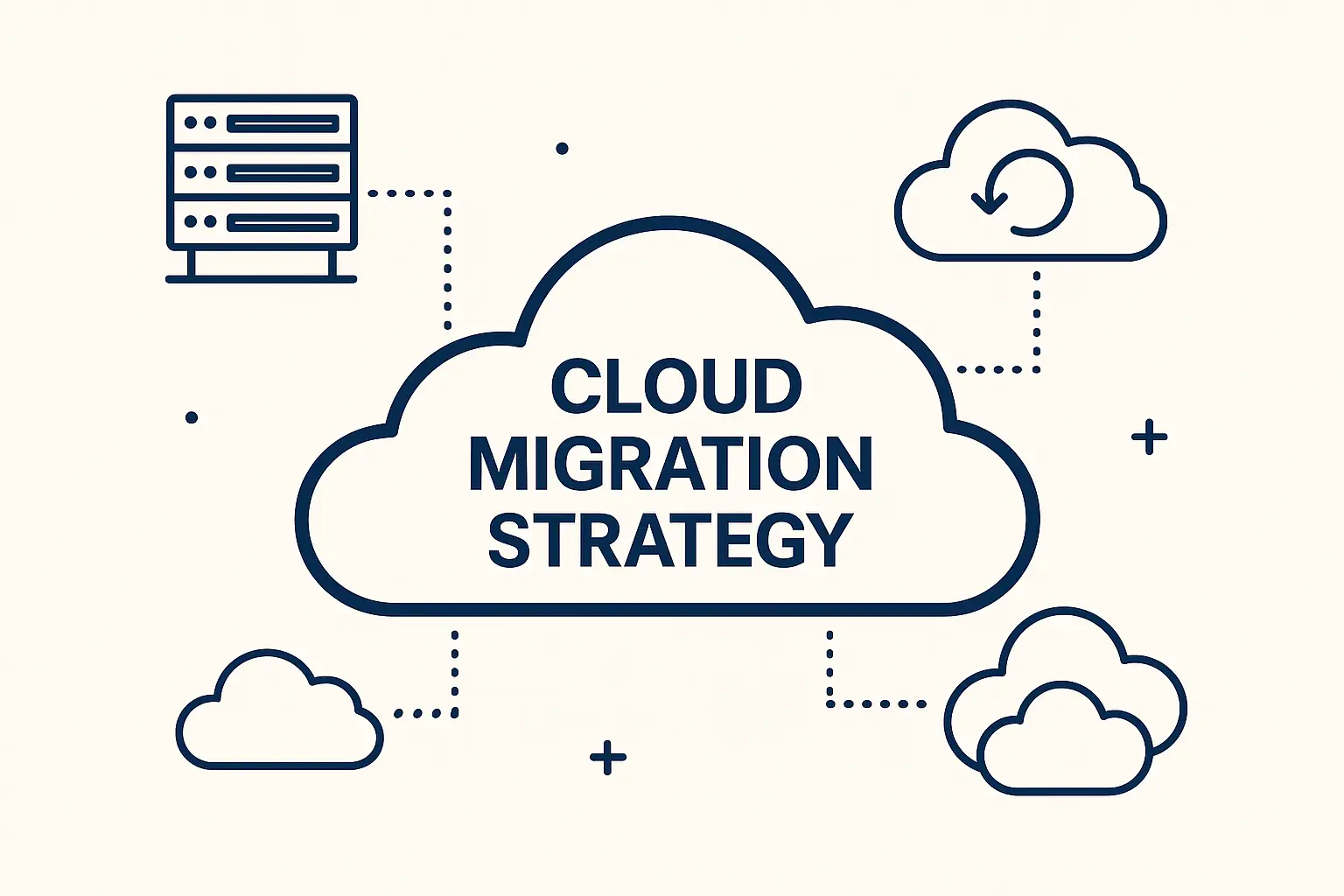 Diagram showing cloud migration strategy with interconnected icons for data center, hybrid cloud, and cloud services.